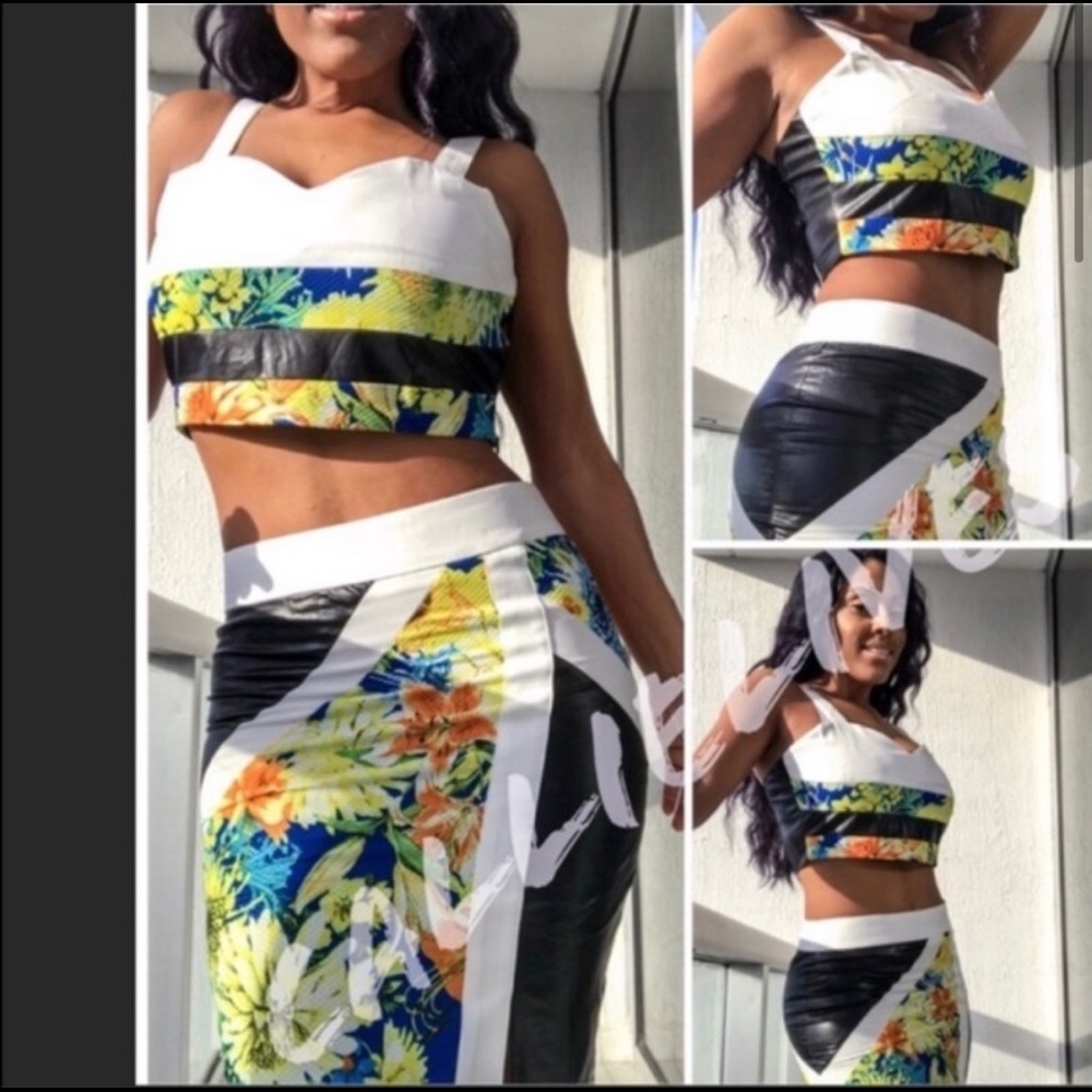 New! 2 pc Set Mixed Vegan Floral Black Vinyl Skirt